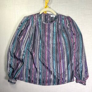 VTG Eva Laurel Womens Size 6 Blouse Multi Color Stripe Button Back Puff Shoulder